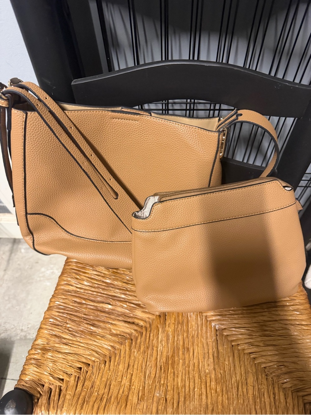 Tan Pebbled Leather Shoulder Bag with Matching Pouch - Versatile Everyday Set
